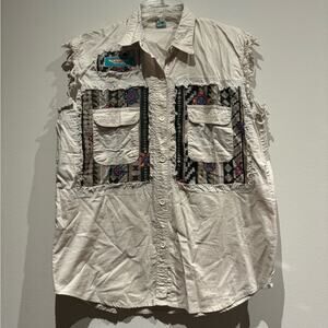 Therapy sleeveless button down with tribal accents and frayed arm holes size med